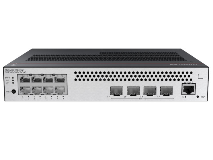 华为  eKitEngine S1730S-S8T4X-QA3(8个10/100/1000BASE-T以太网端口,4个万兆SFP+,内置交流供电,无风扇) - 交换容量502Gbps/5.02Tbps；包转发率72Mpps