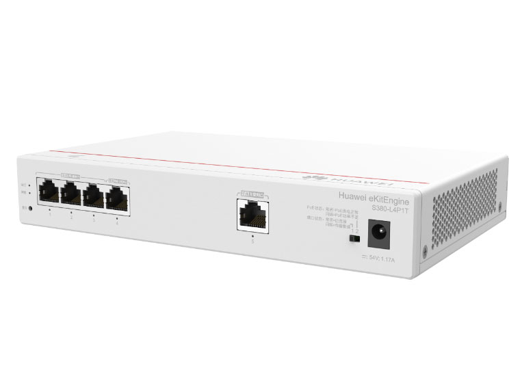 华为 S380-L4P1T 路由交换一体机 | 管理AP数量 32 | 带机量200台 | PoE 50W | 交换容量8Gbps | 出口带宽1Gbps | 1个千兆电(WAN)+4个千兆电(LAN) | 桌面款