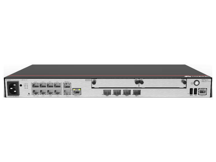 华为 AR6121EC-S，WAN口数：2*GE Combo+1*GE光，LAN口数：1*GE Combo+8*GE电，2*SIC插槽，带机量600台PC，转发性能9Mpps-25Mpps
