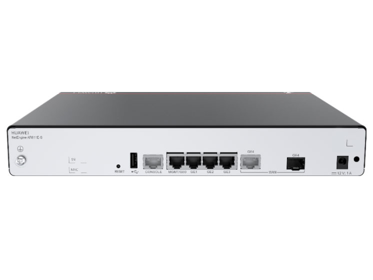 华为  AR611E-S, 1*GE COMBO WAN, 4*GE LAN, 1*USB 2.0，带机量250台PC，转发性能1Mpps